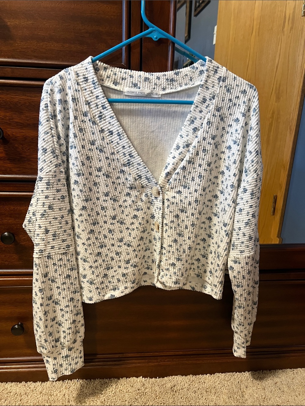 Altar'd State White V-Neck Cardigan with Blue Floral Print